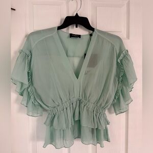 Kooples Paris Sheer Ruffle V-Neck Blouse with built in camisole- Teal Green